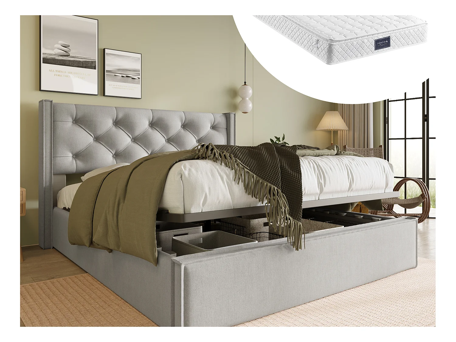 Lit coffre 160 x 200 cm avec tête de lit  - lit adulte - Tissu coton - gris clair + Matelas