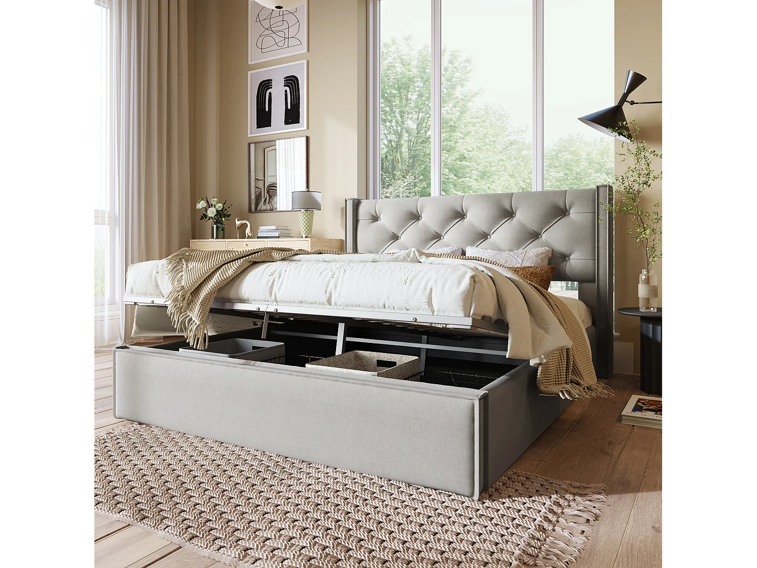 Lit coffre 160 x 200 cm avec tête de lit  - lit adulte - Tissu coton - gris clair + Matelas