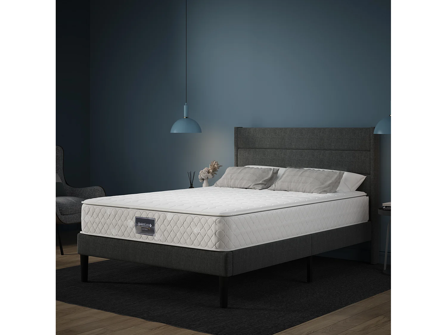 Lit coffre 160 x 200 cm avec tête de lit  - lit adulte - Tissu coton - gris clair + Matelas