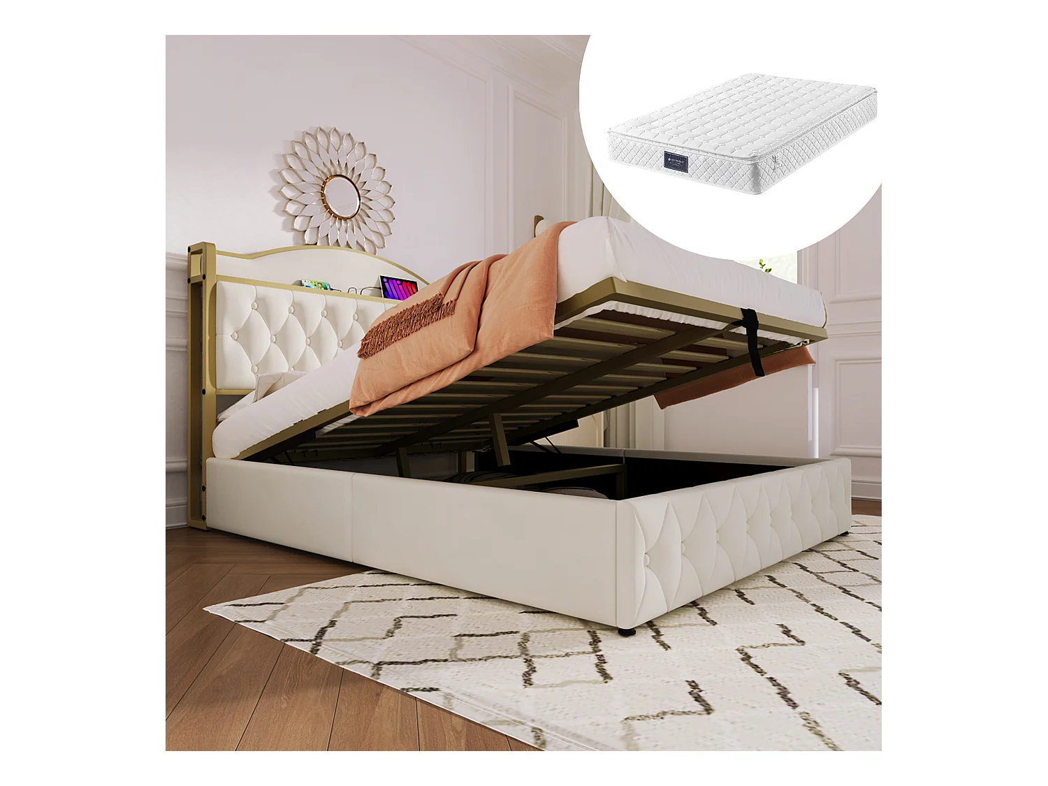 Lit coffre adulte 160 x 200 cm - USB + Type C - velours + métal - gris + Matelas