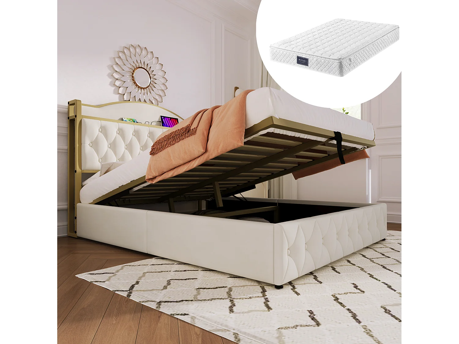 Lit coffre adulte 160 x 200 cm - USB + Type C - velours + métal - gris + Matelas
