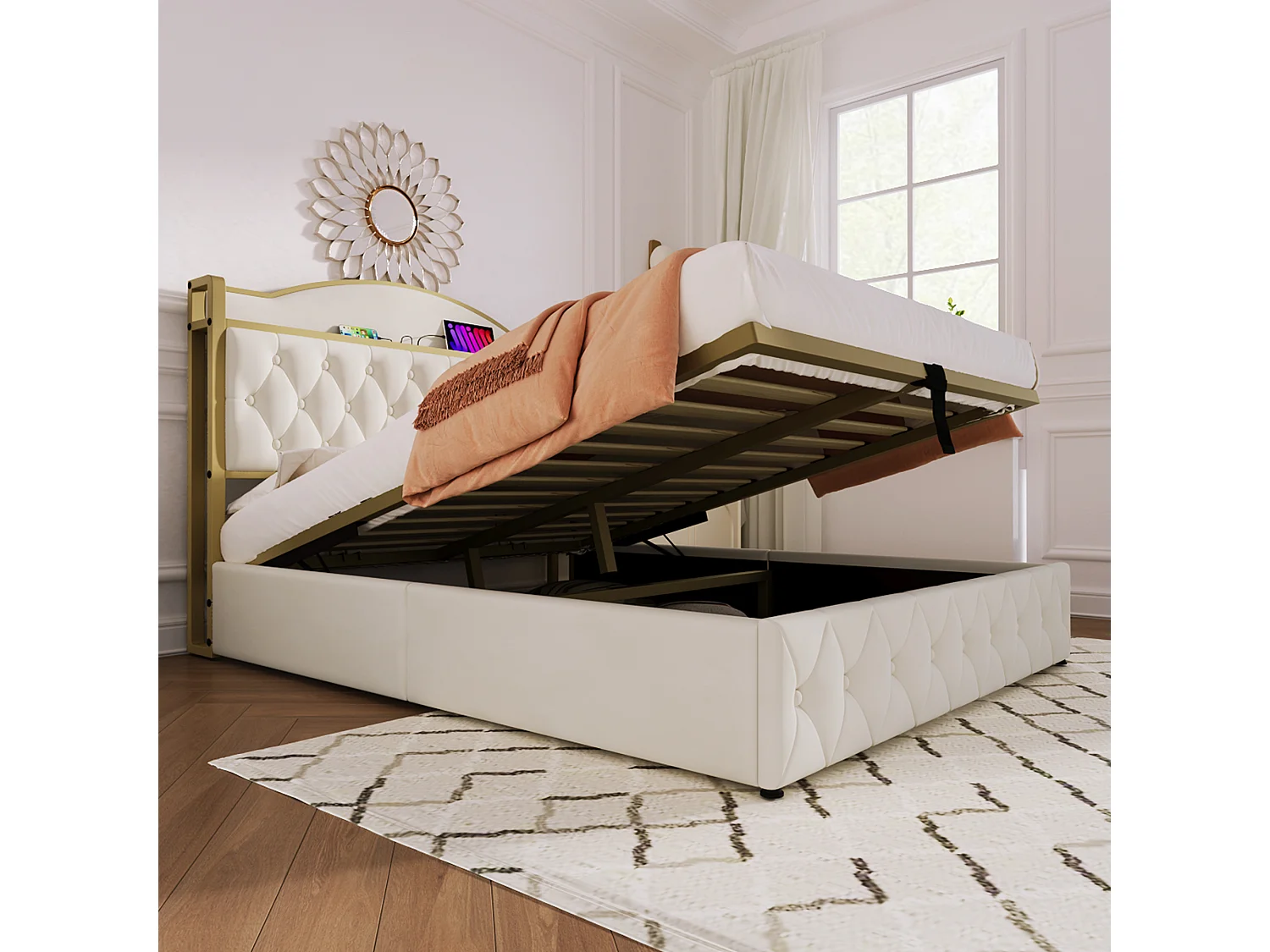 Lit coffre adulte 160 x 200 cm - USB + Type C - velours + métal - gris + Matelas