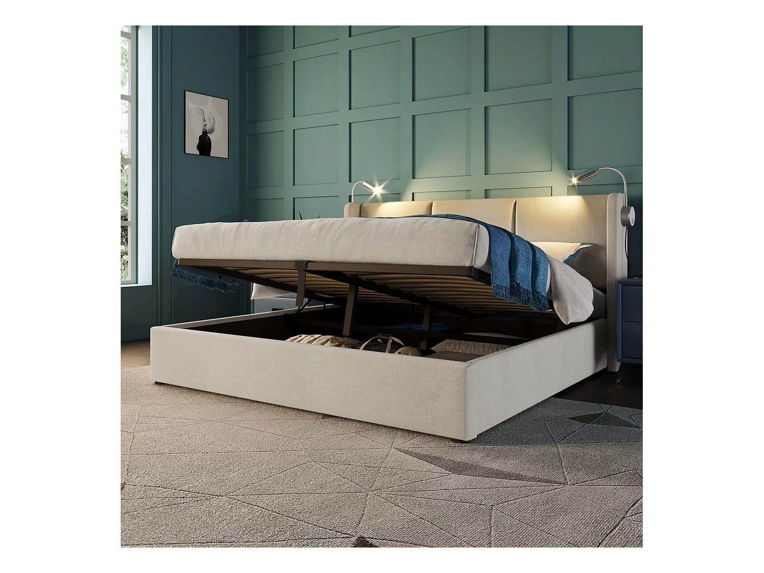Lit coffre 160 x 200 cm avec tête de lit - tissu lin - USB +lampe de lecture - beige + Matelas