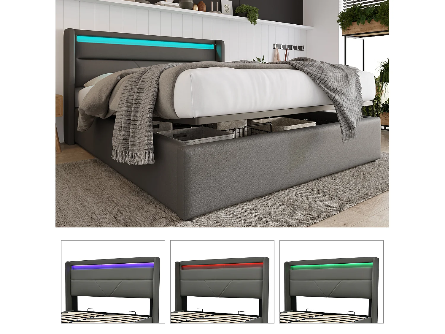 Bett mit Stauraum für Erwachsene, 140 x 200 cm, mit Kopfteil – LEDs – PU-Leder – Grau + Matratze
