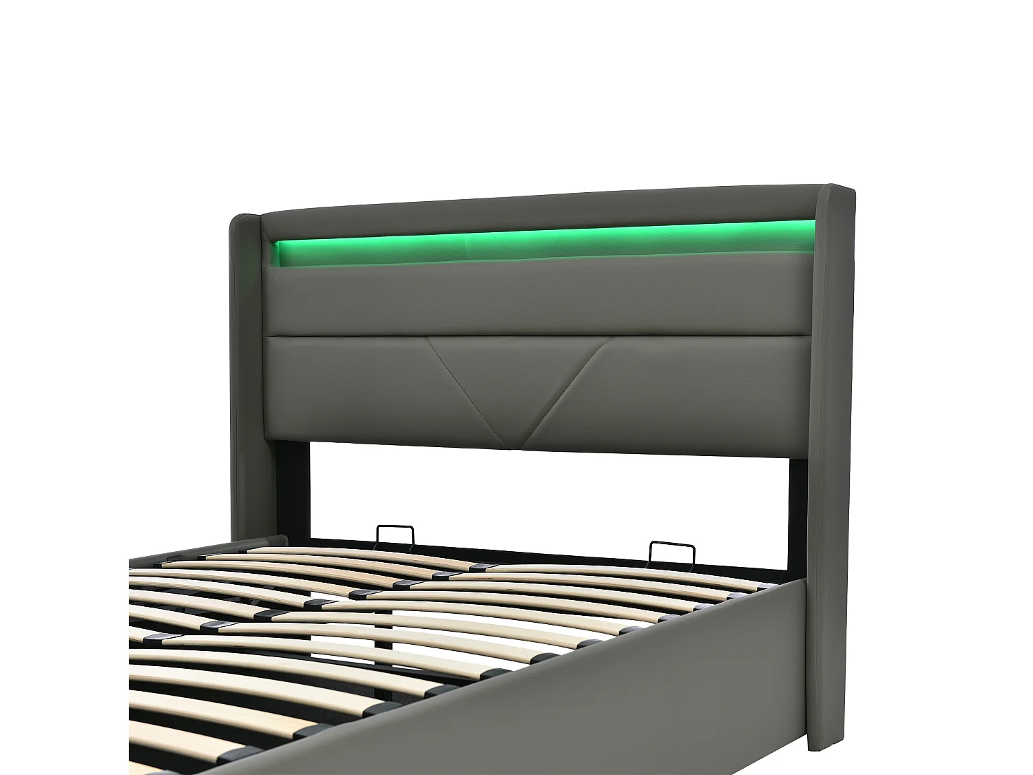 Bett mit Stauraum für Erwachsene, 140 x 200 cm, mit Kopfteil – LEDs – PU-Leder – Grau + Matratze