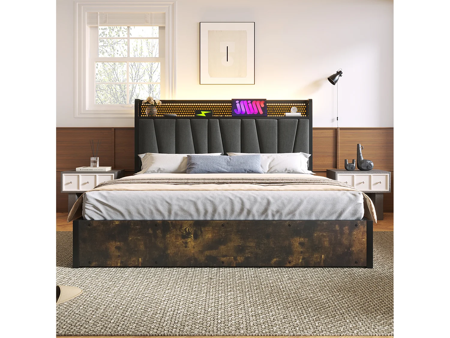 Metallbett mit Bettkasten und Kopfteil – 140 x 200 cm – LEDs + integrierter USB – Grau + Matratze