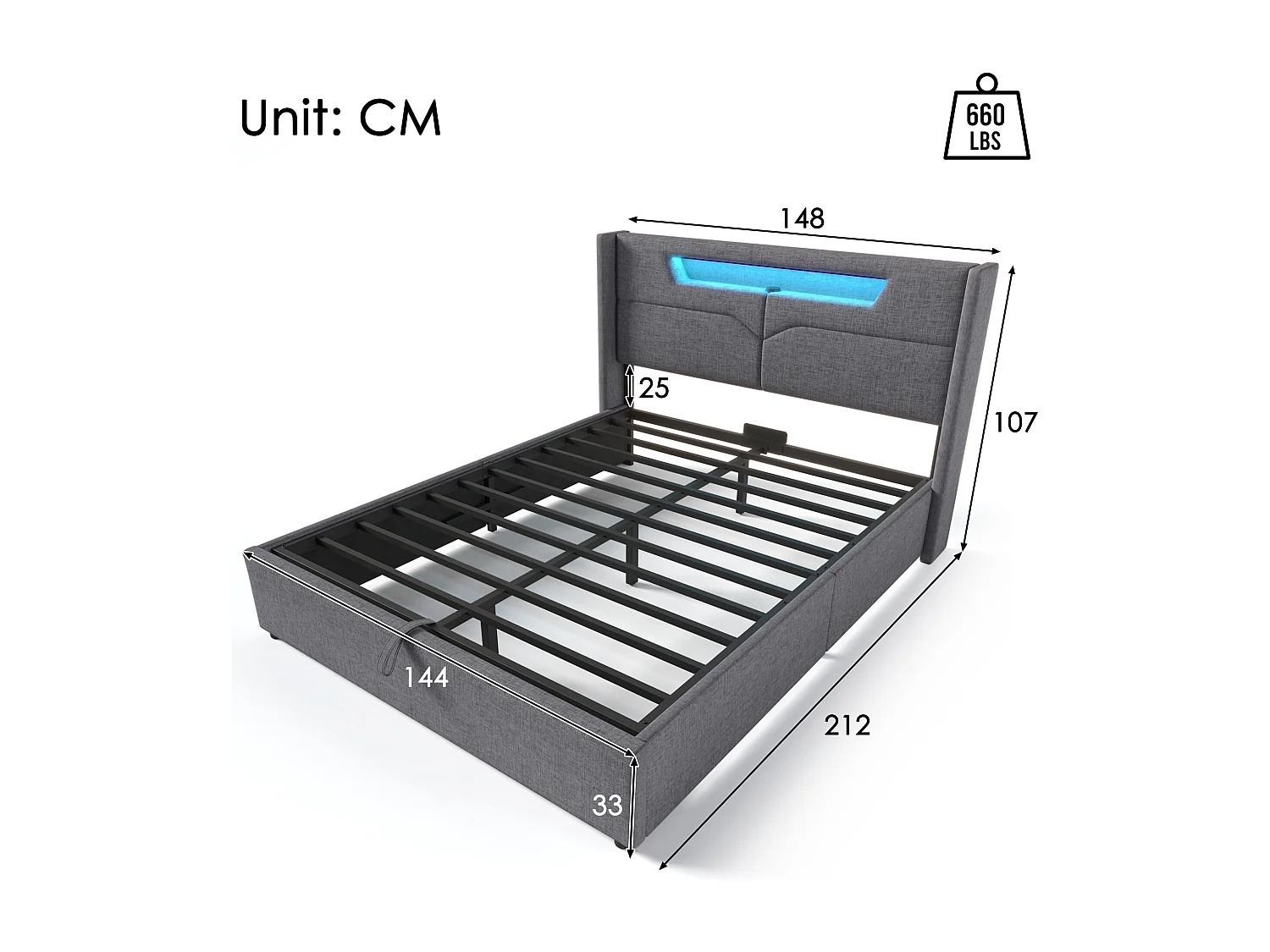 Bett mit Stauraum 140 x 200 cm, Doppelbett – LED-Beleuchtung, USB-Typ-C-Anschluss und Stauraum – Leinenstoff – Grau + Matratze