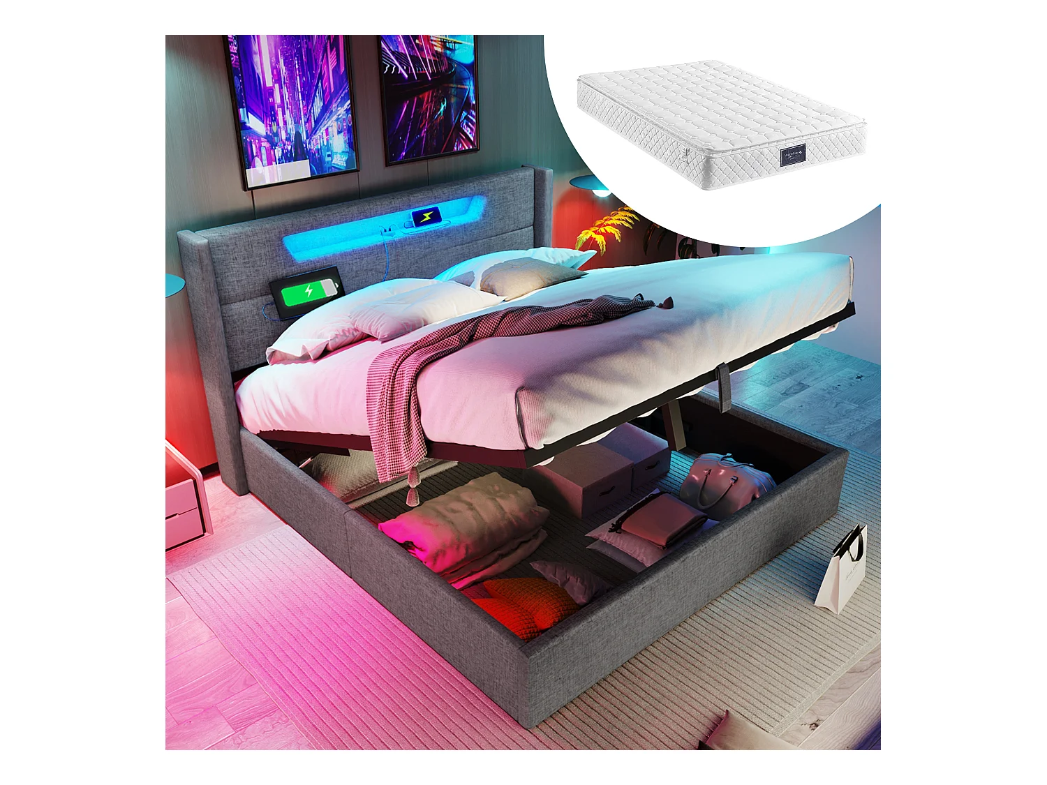 Lit coffre adulte 160 x 200 cm avec tête de lit - USB + Type C + LEDs - tissu lin - gris + Matelas