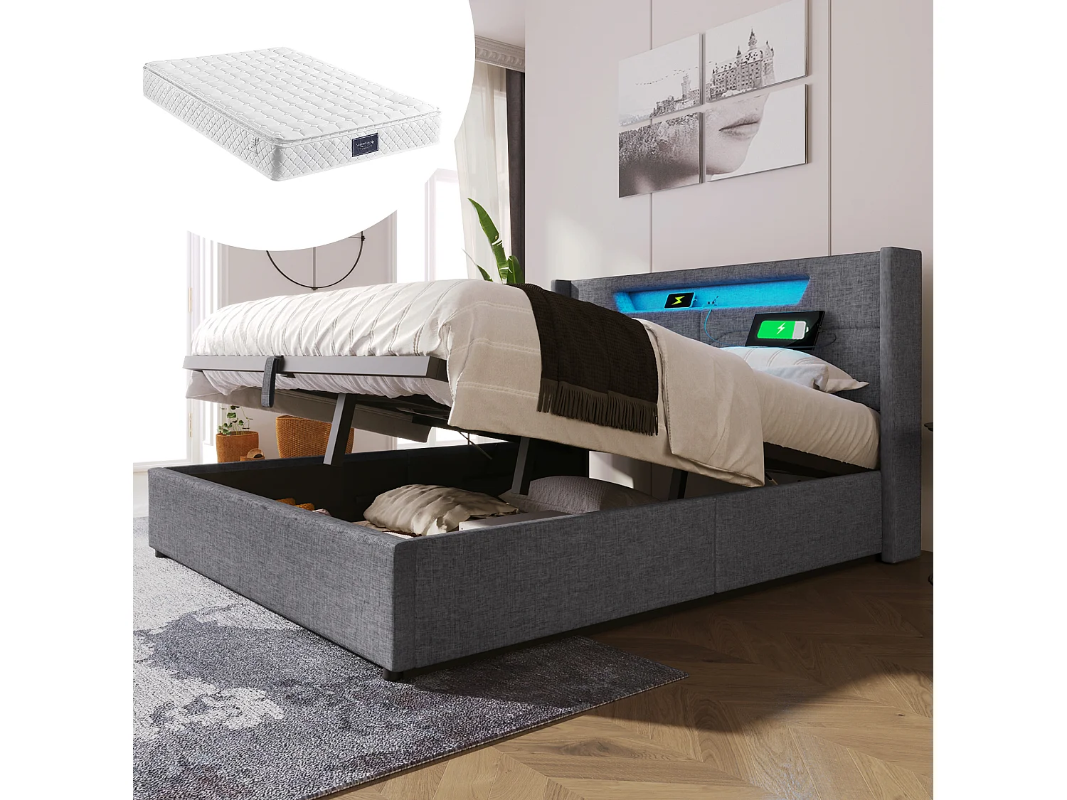 Opbergbed voor volwassenen 160 x 200 cm met hoofdeinde - USB + Type C + LED's - linnen stof - grijs + matras