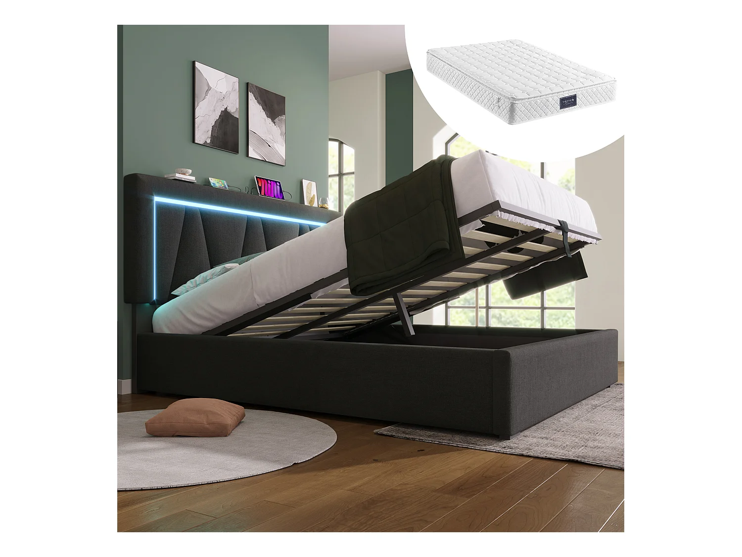 Lit coffre 140 x 200 cm pour adulte - USB + Type C + LEDs - tissu lin - gris + Matelas