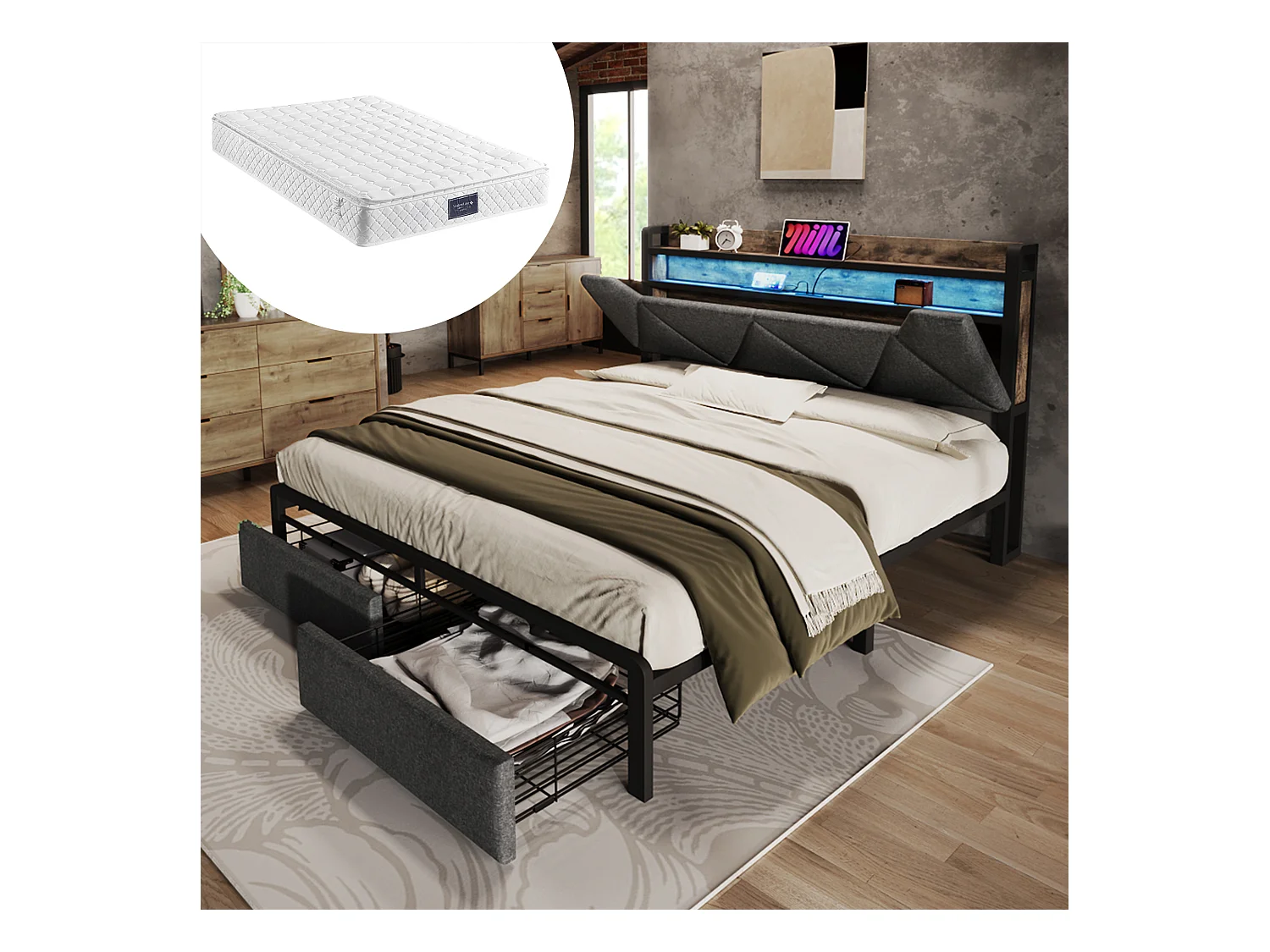 Erwachsenenbett 140 x 200 cm mit Schubladen und Kopfteil – USB + Typ C + LEDs – Leinen – Grau + Matratze