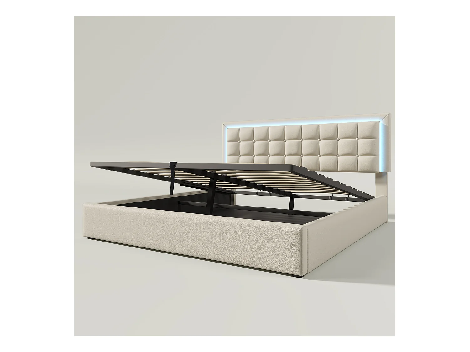 Lit coffre 140 x 200 cm avec tête de lit - Cuir pu - LEDs - Sommier à lattes - blanc + Matelas