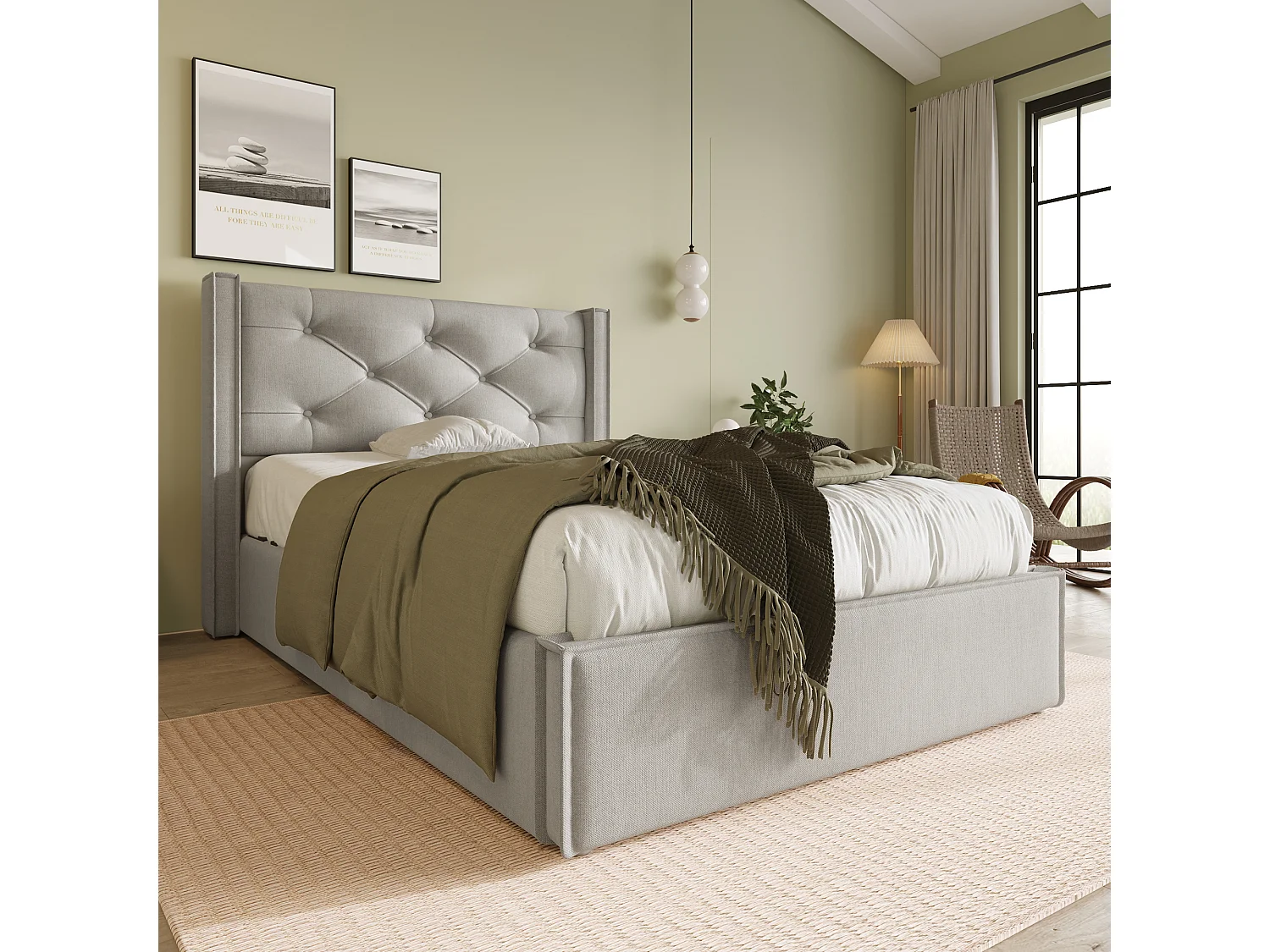 Bettkasten 90 x 200 cm mit Kopfteil – Baumwollstoff – Modernes Design – Hellgrau + Matratze