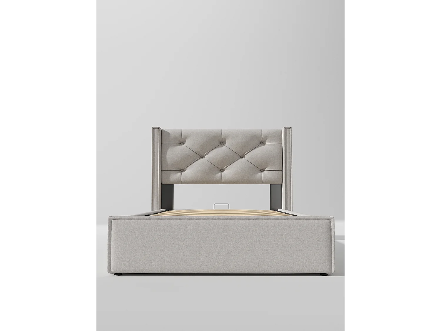 Bettkasten 90 x 200 cm mit Kopfteil – Baumwollstoff – Modernes Design – Hellgrau + Matratze