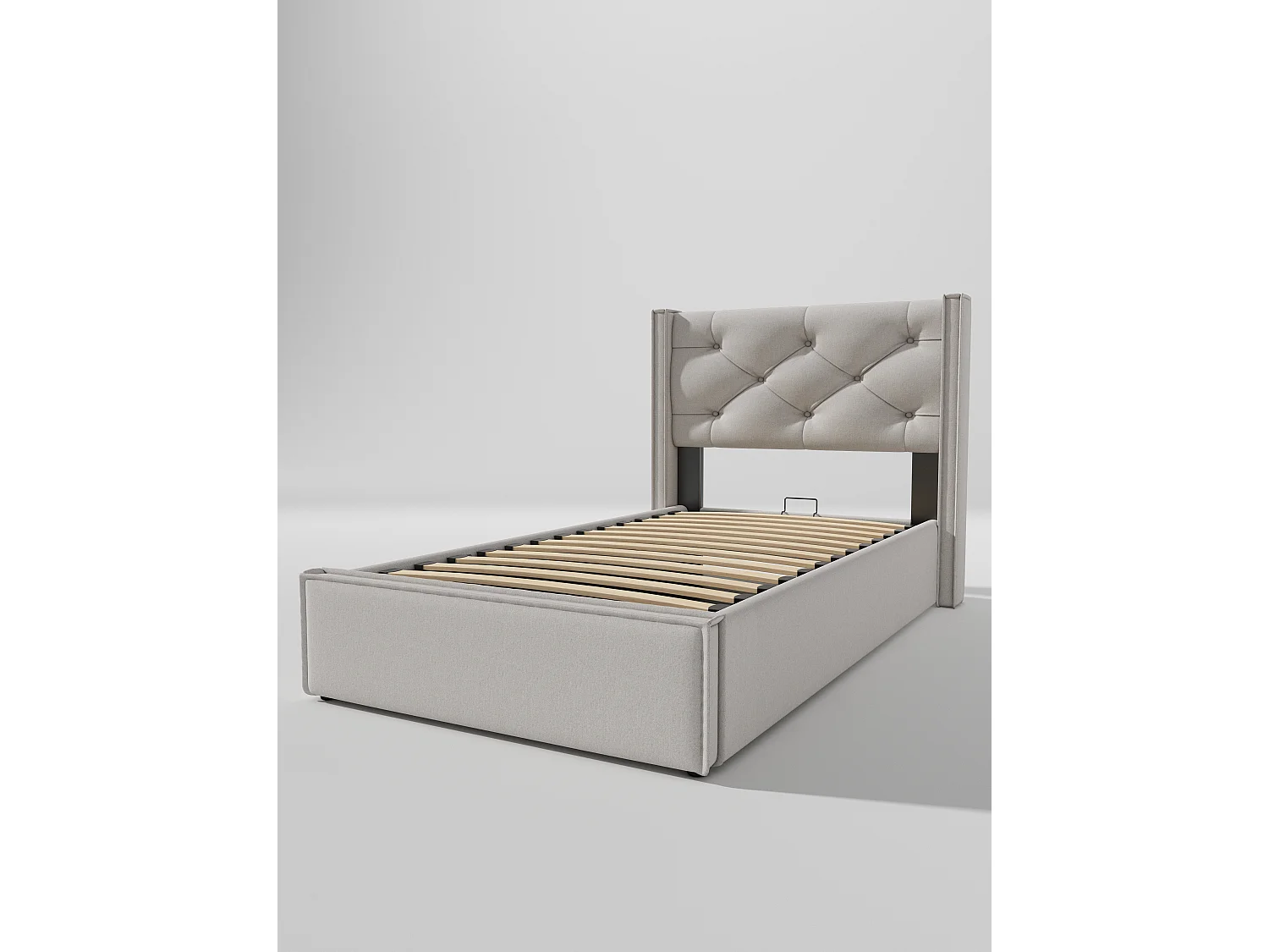 Bettkasten 90 x 200 cm mit Kopfteil – Baumwollstoff – Modernes Design – Hellgrau + Matratze