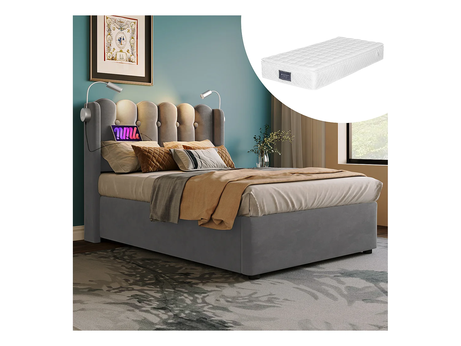 Lit coffre avec tête de lit - 90 x 200 cm - lampe de lecture et prise USB - tissu en lin - coloris gris + Matelas