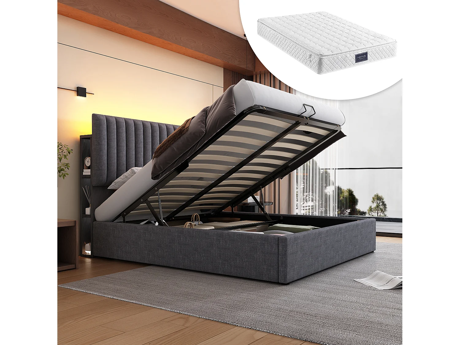 Lit coffre 160 x 200 cm avec 4 tiroirs et prise USB C - tête de lit réglable en hauteur - Gris + Matelas