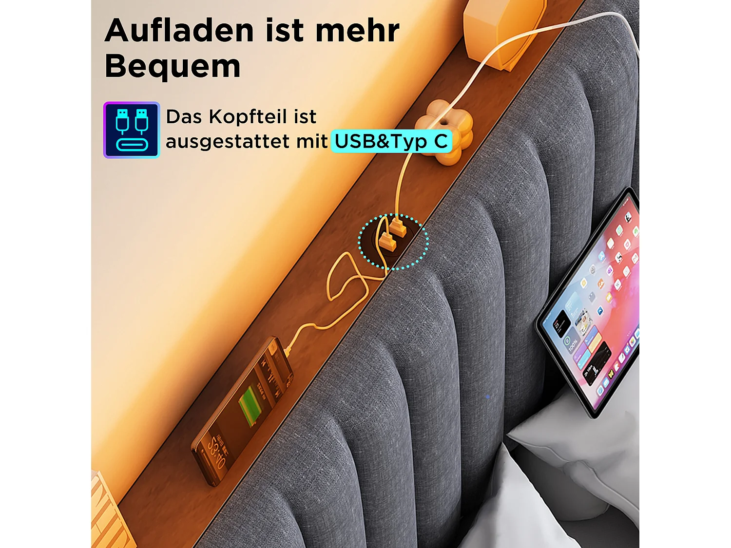 Bettkasten 160 x 200 cm mit 4 Schubladen und USB-C-Buchse – höhenverstellbares Kopfteil – Grau + Matratze