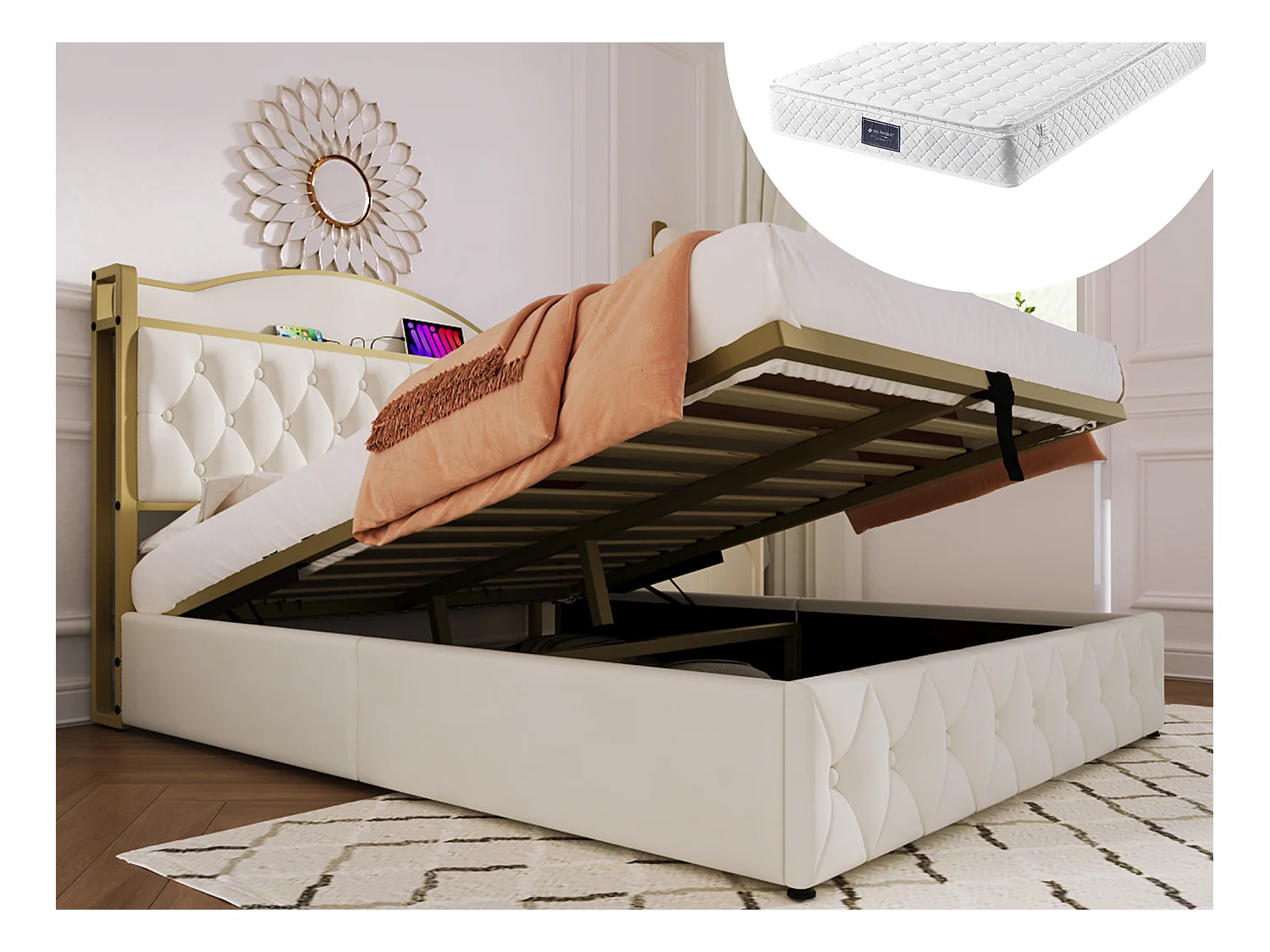Lit coffre adulte 140 x 200 cm - USB + Type C - velours + métal - beige clair + Matelas