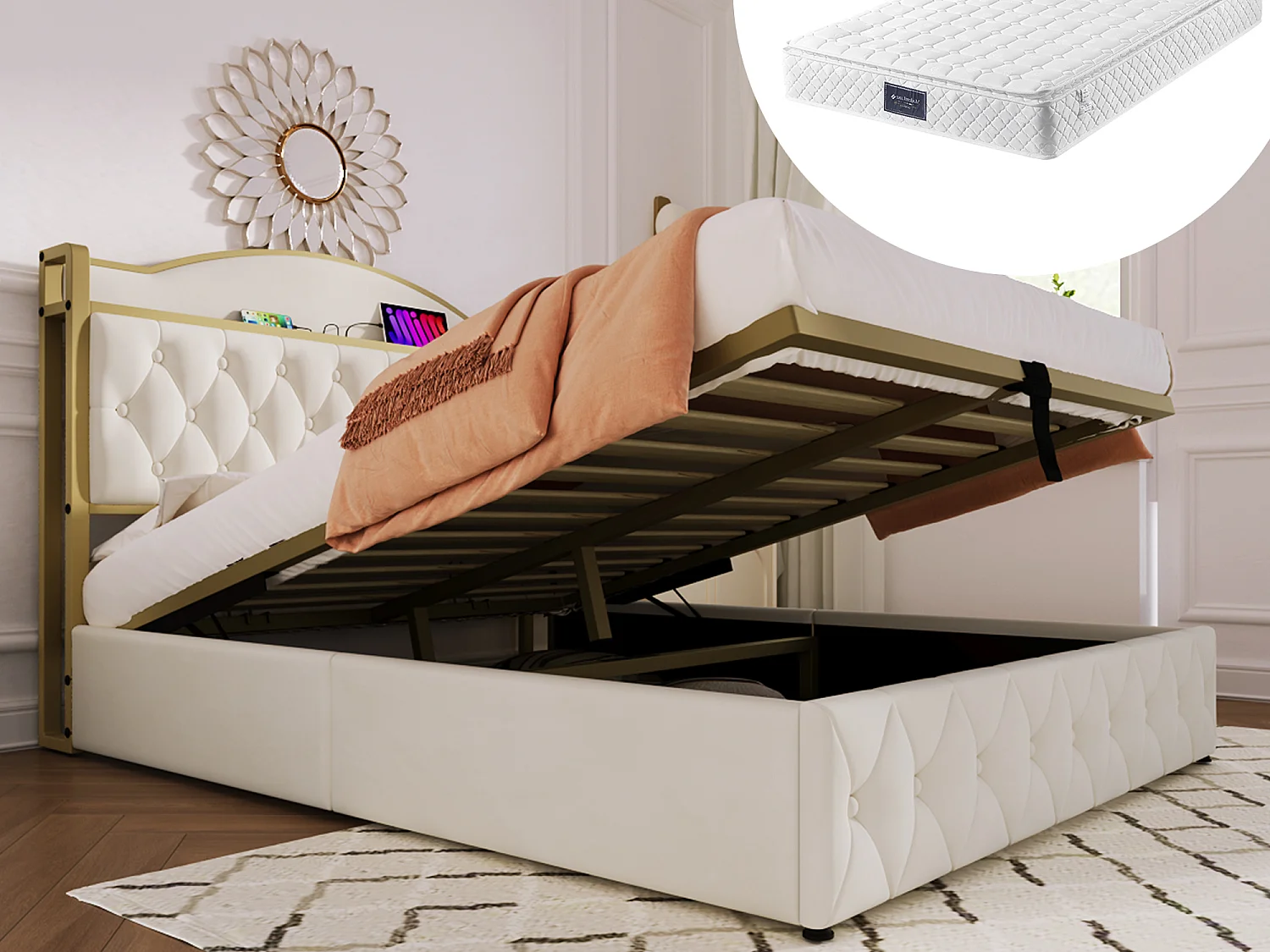 Lit coffre adulte 140 x 200 cm - USB + Type C - velours + métal - beige clair + Matelas