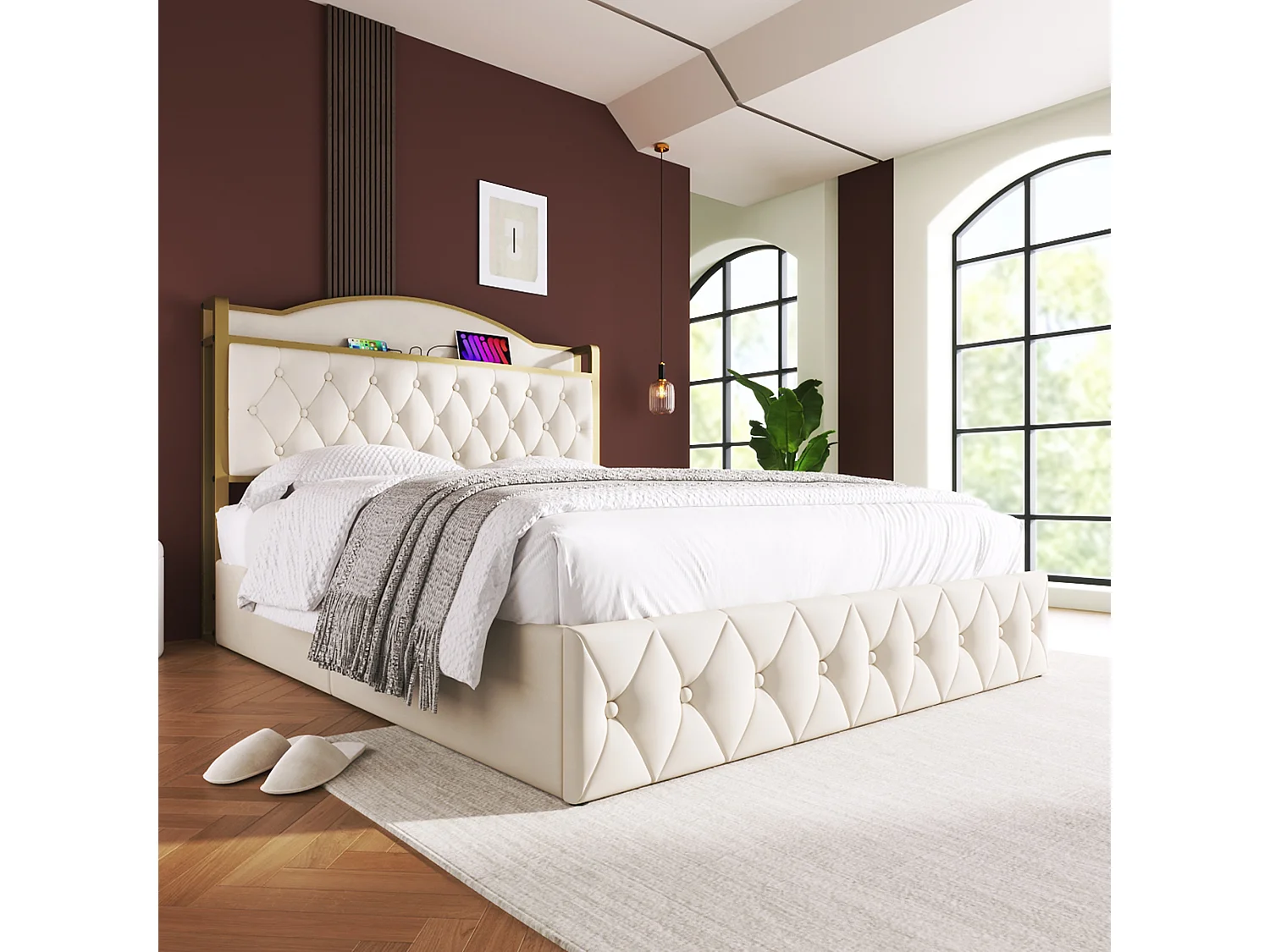 Lit coffre adulte 140 x 200 cm - USB + Type C - velours + métal - beige clair + Matelas