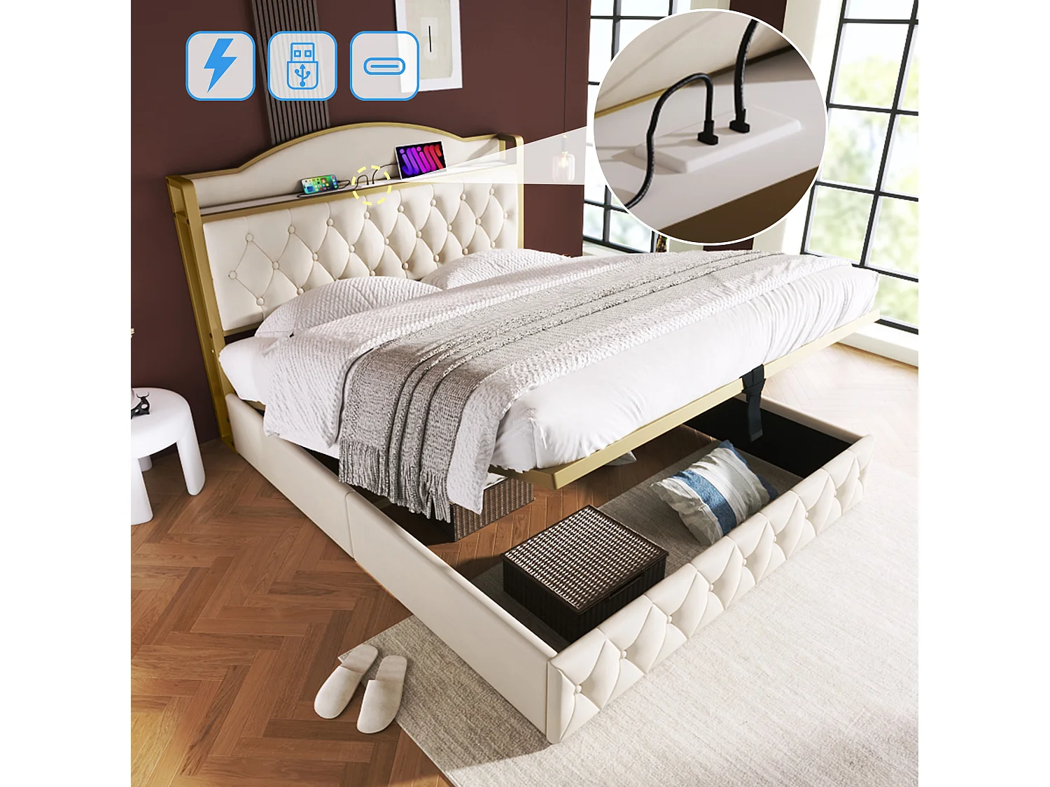 Lit coffre adulte 140 x 200 cm - USB + Type C - velours + métal - beige clair + Matelas