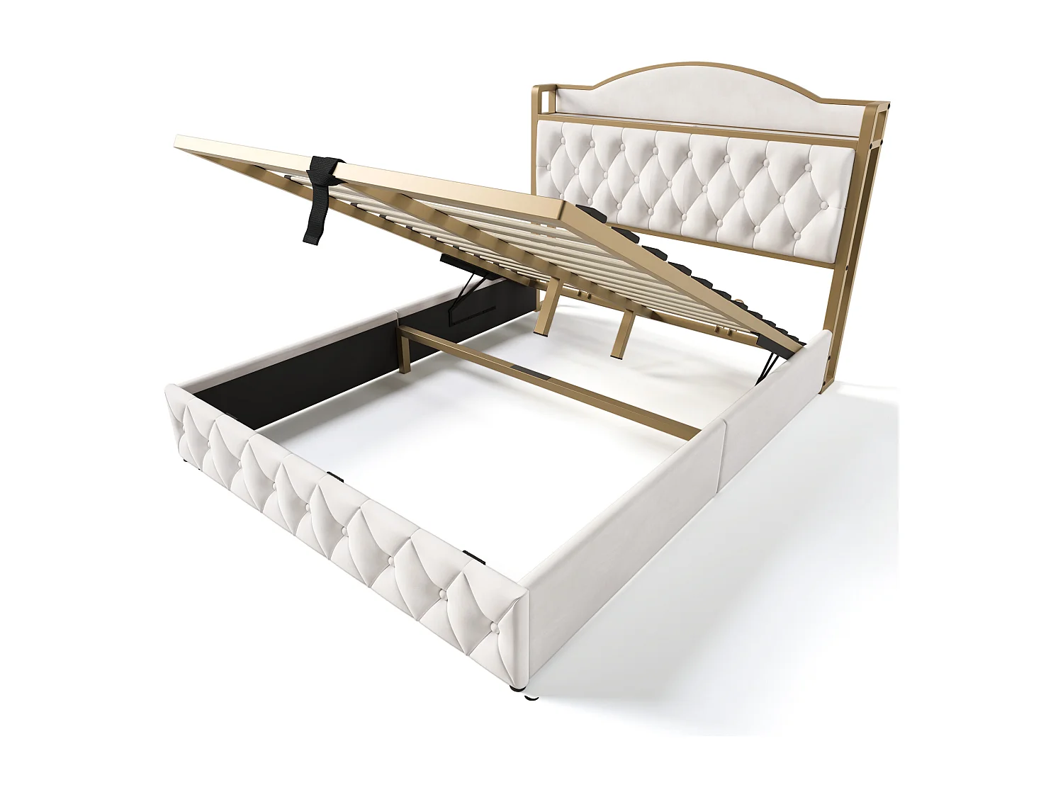 Lit coffre adulte 140 x 200 cm - USB + Type C - velours + métal - beige clair + Matelas