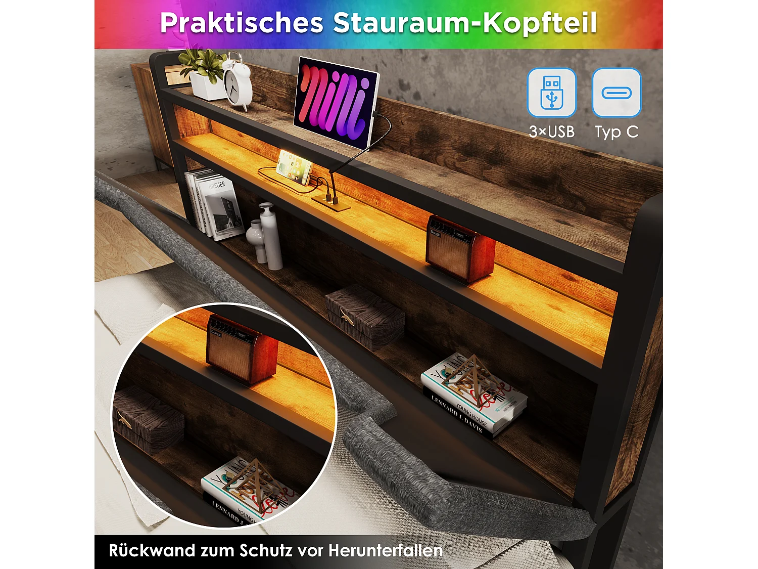 Lit enfant 90 x 200 cm avec tiroir et tête de lit coffre - USB + Type C + LEDs - Lin - Gris + Matelas