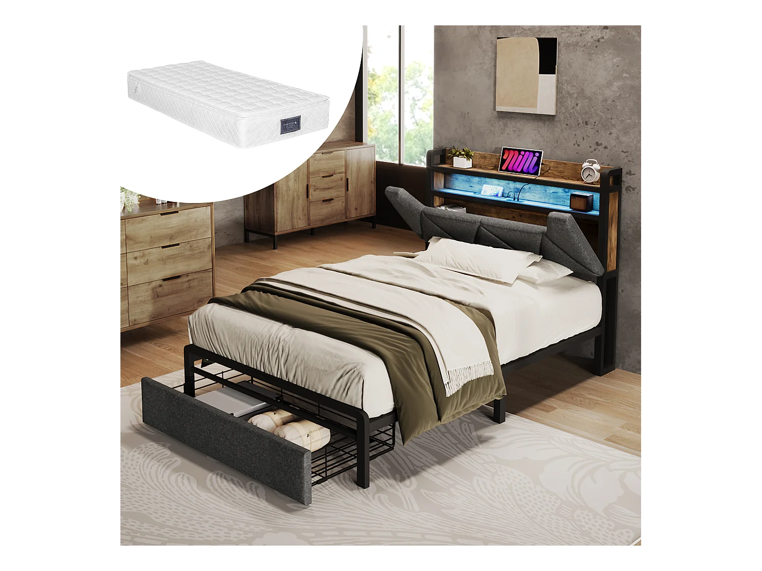 Lit enfant 90 x 200 cm avec tiroir et tête de lit coffre - USB + Type C + LEDs - Lin - Gris + Matelas