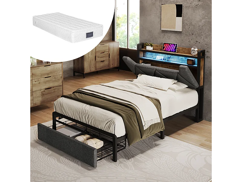 Lit enfant 90 x 200 cm avec tiroir et tête de lit coffre - USB + Type C + LEDs - Lin - Gris + Matelas