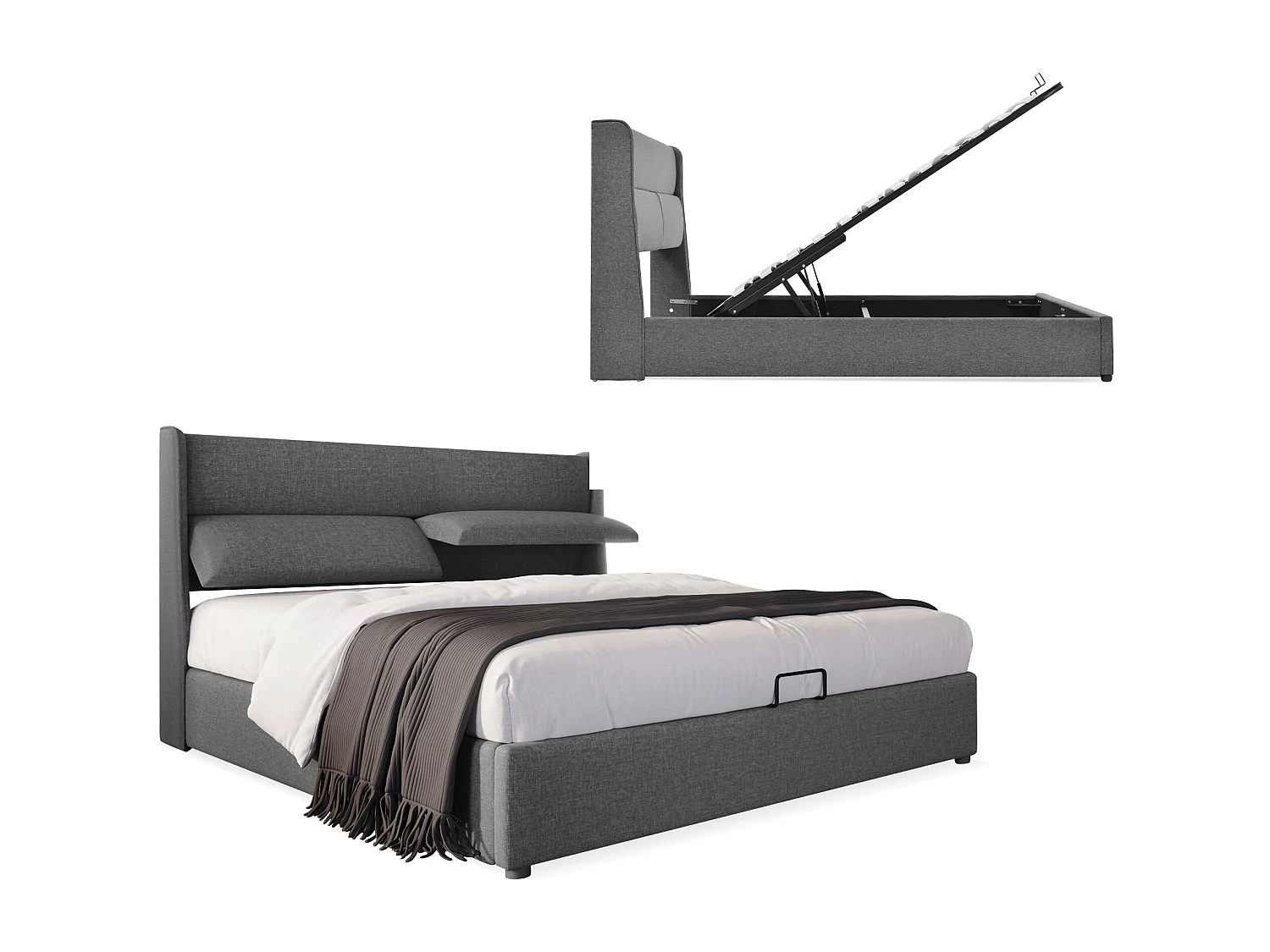 Letto contenitore 140 x 200 cm con testiera - Tessuto lino - Poggiatesta regolabili - Colore grigio + Materasso