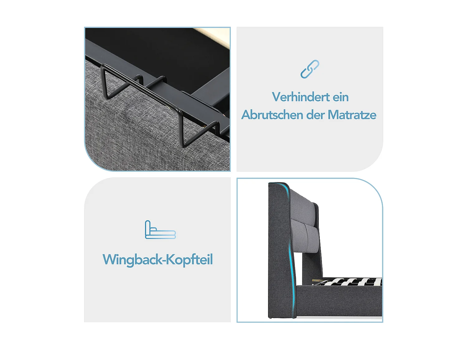 Letto contenitore 140 x 200 cm con testiera - Tessuto lino - Poggiatesta regolabili - Colore grigio + Materasso