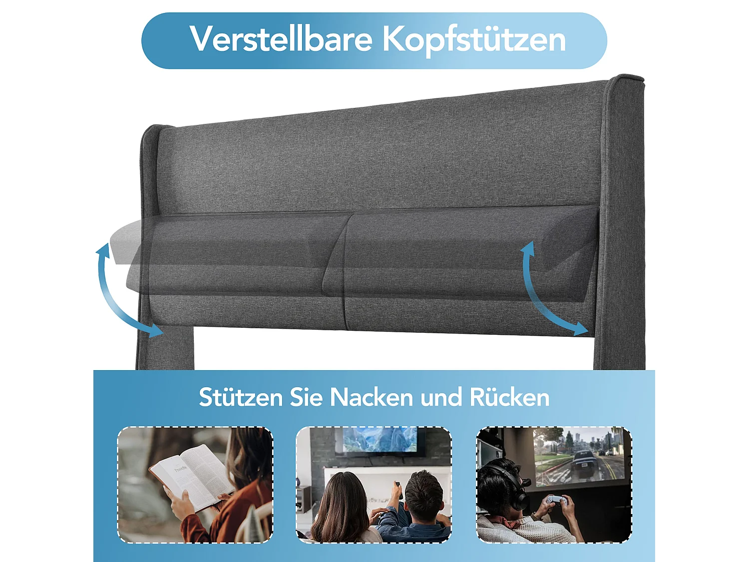 Letto contenitore 140 x 200 cm con testiera - Tessuto lino - Poggiatesta regolabili - Colore grigio + Materasso