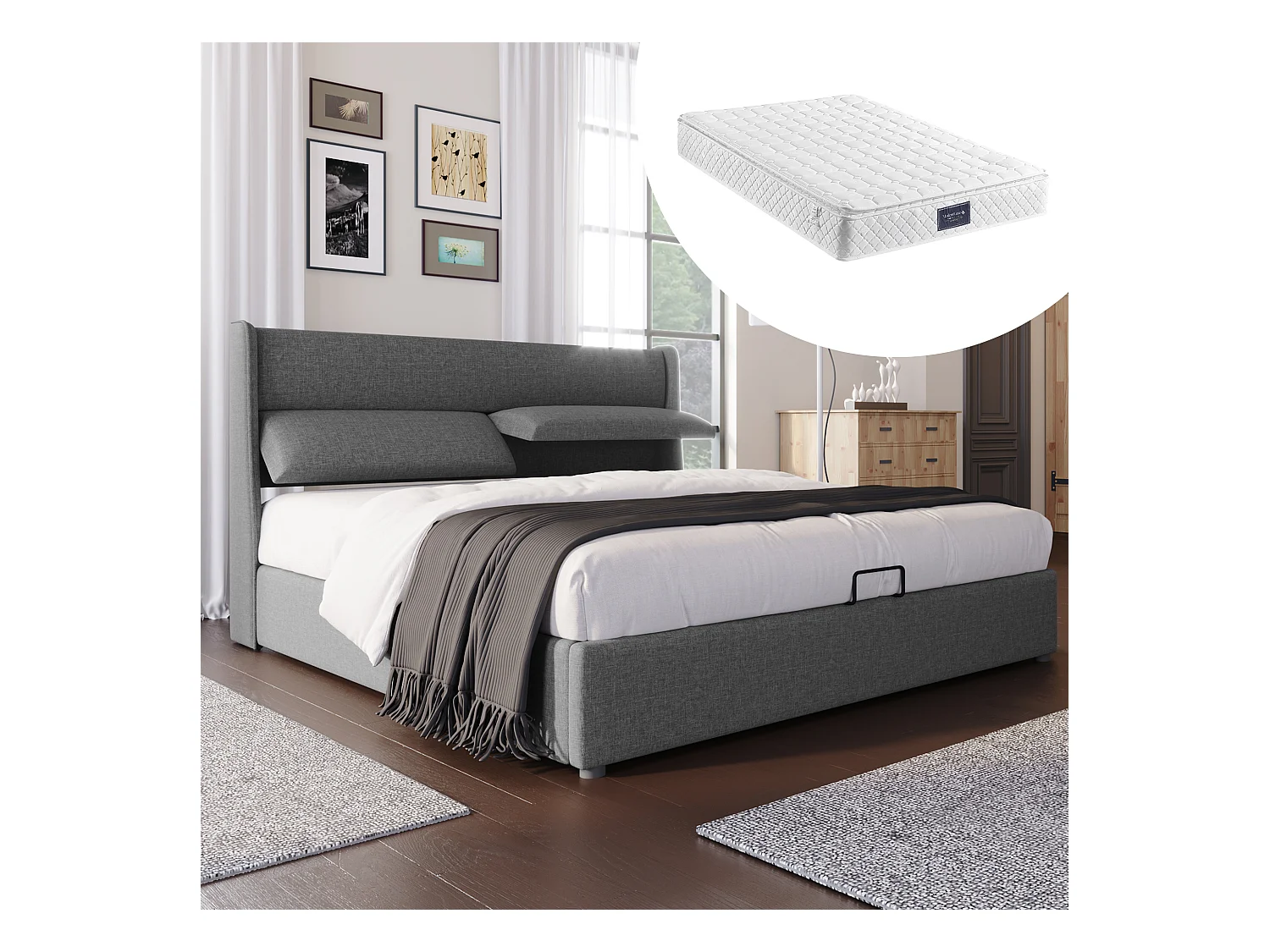 Lit coffre 140 x 200 cm avec tête de lit - Tissu lin - Appuie-têtes réglables - Coloris gris + Matelas