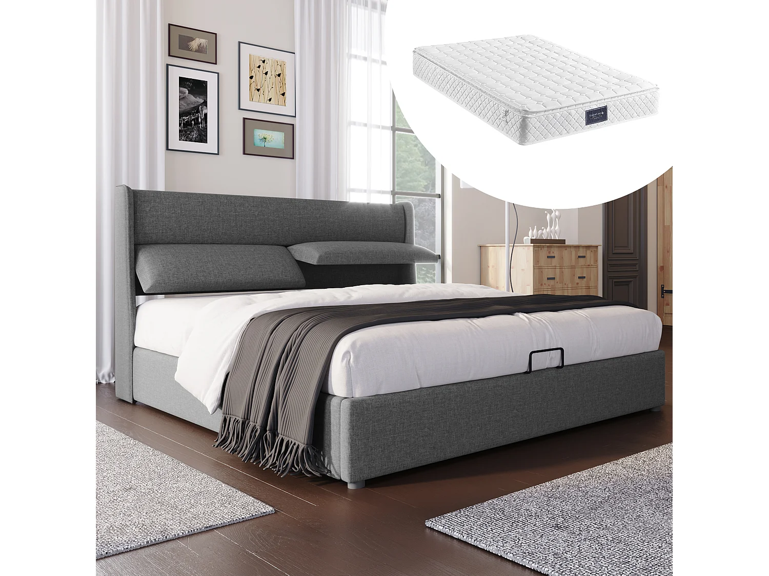 Lit coffre 140 x 200 cm avec tête de lit - Tissu lin - Appuie-têtes réglables - Coloris gris + Matelas