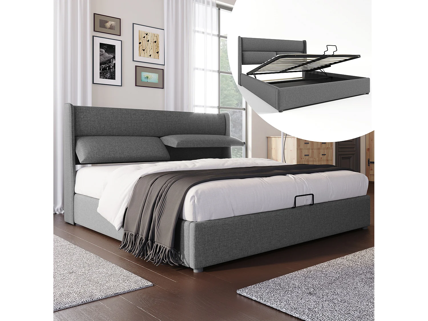 Lit coffre 140 x 200 cm avec tête de lit - Tissu lin - Appuie-têtes réglables - Coloris gris + Matelas