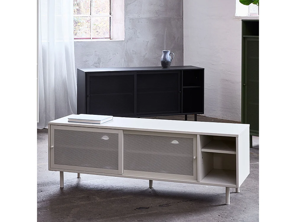 Kiso - Meuble TV 2 portes, 2 niches en métal L160cm - Grège