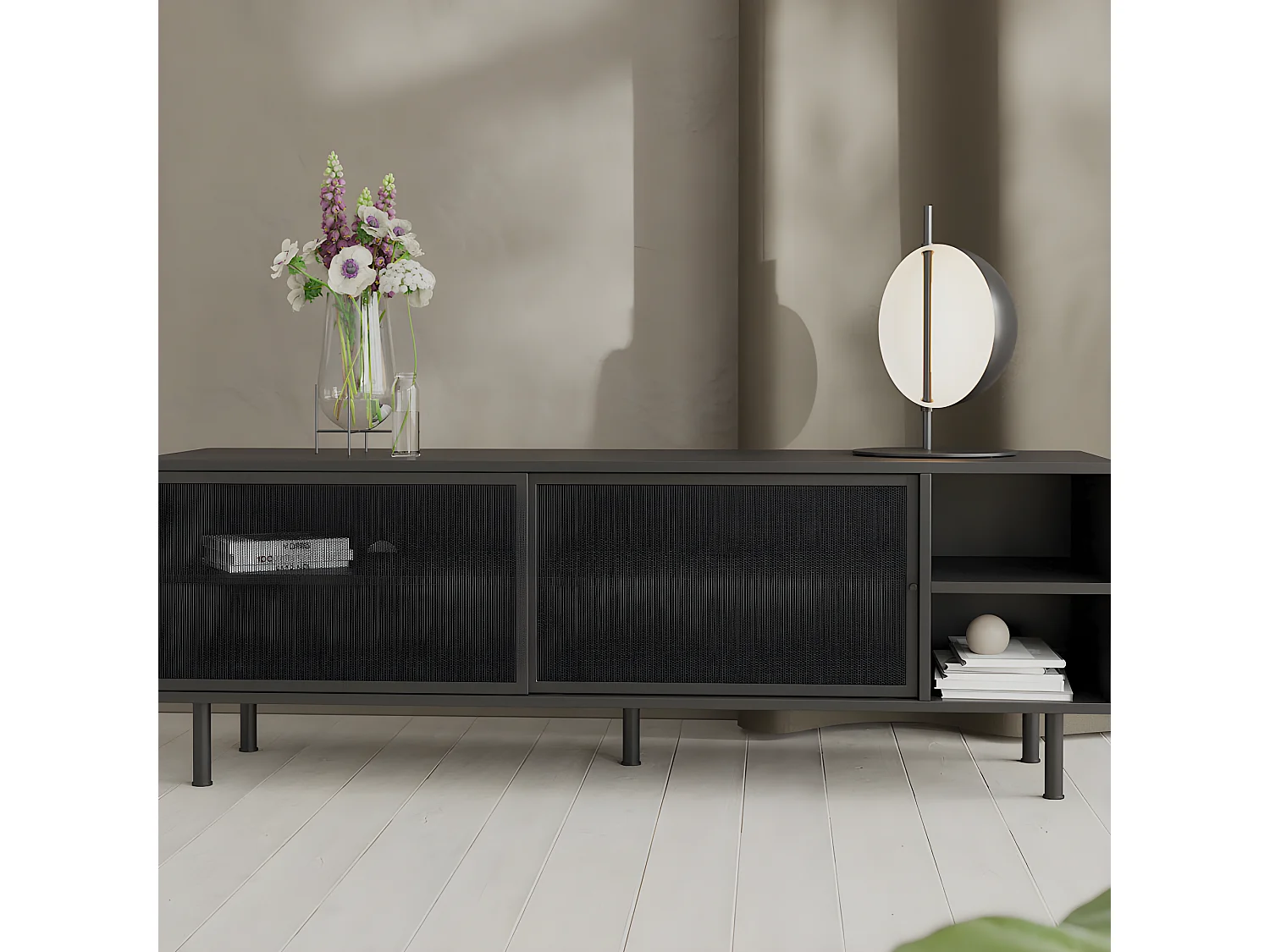 Kiso - Meuble TV 2 portes, 2 niches en métal L160cm - Noir