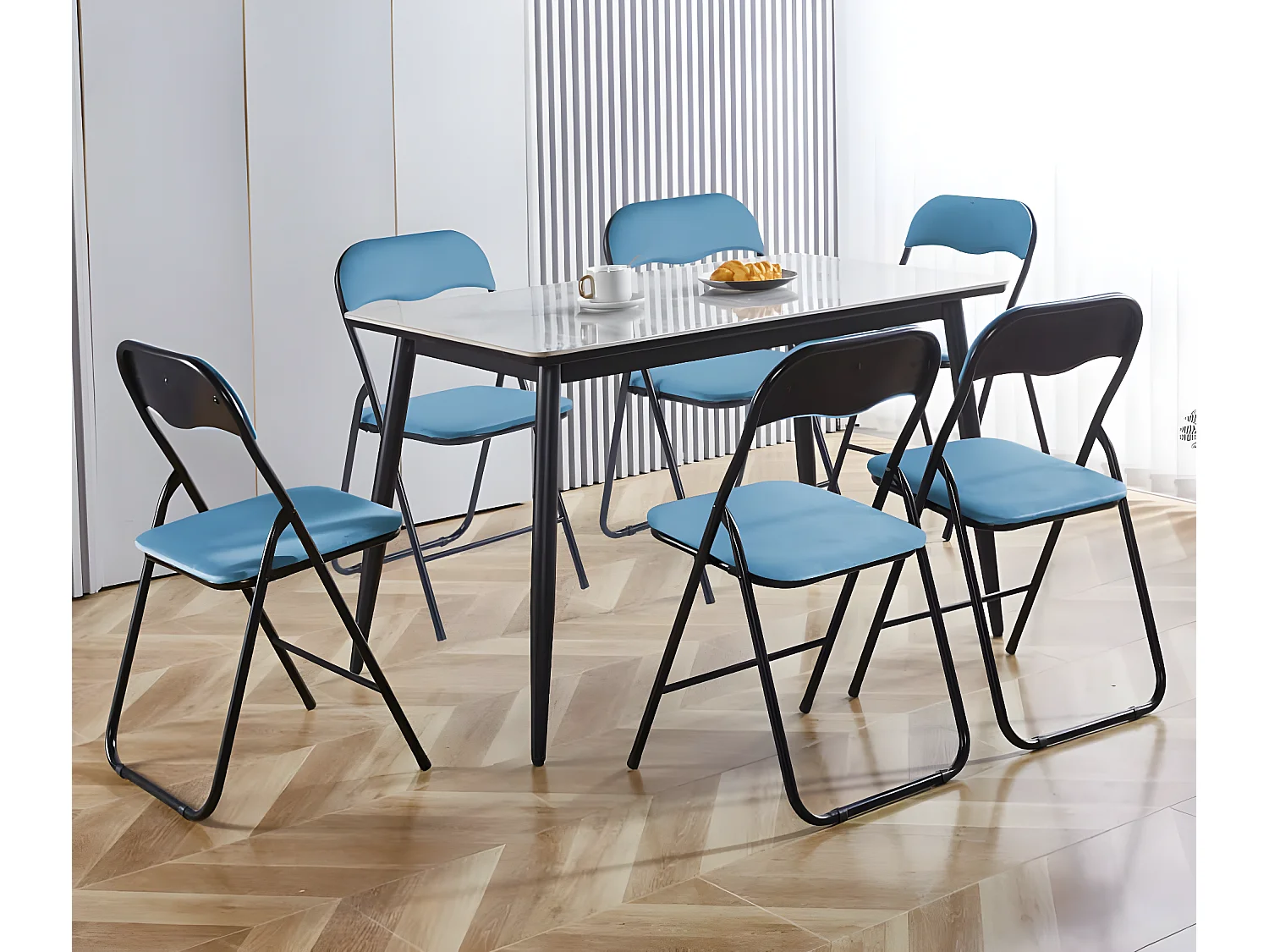 Lot de 6 chaises pliantes confortables en velours et métal - Bleu