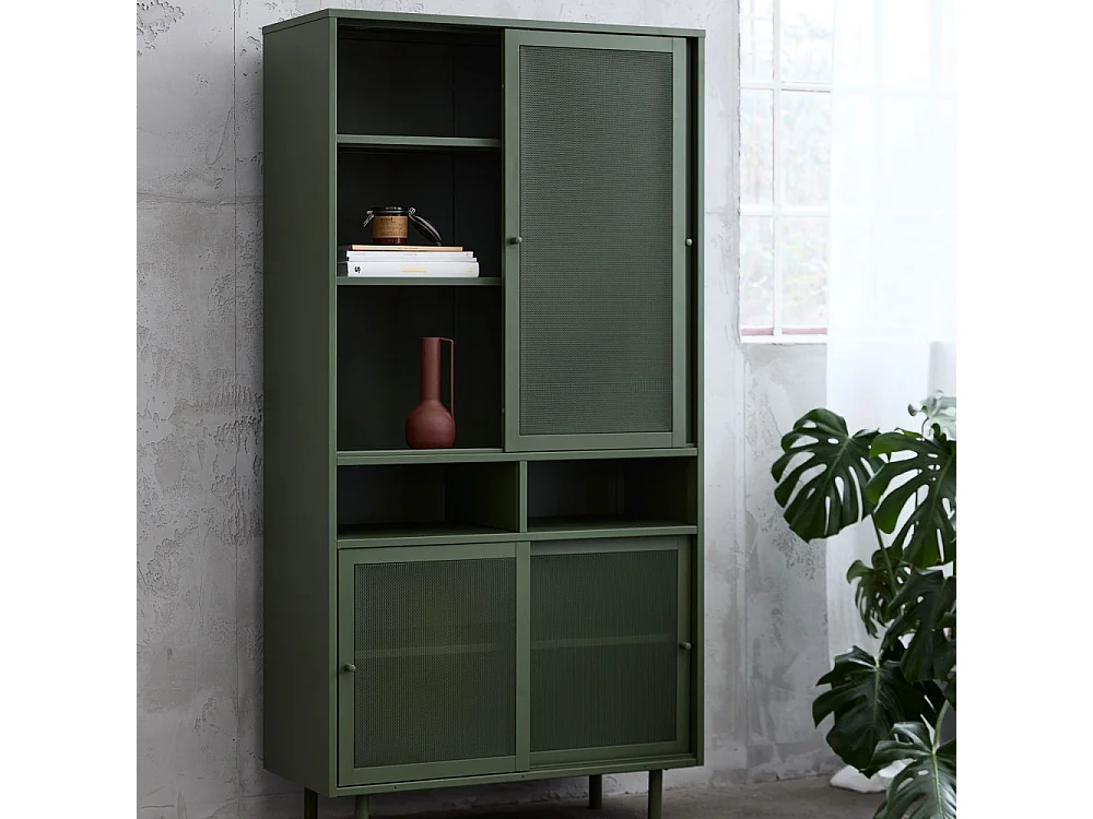 Kiso - Vaisselier 4 portes, 2 niches en métal H180cm - Vert olive