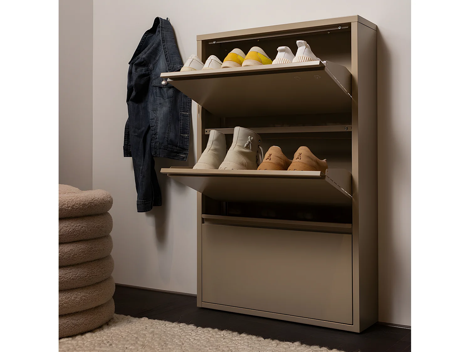 Sabine - Meuble à chaussures 3 portes en métal L66cm - Beige