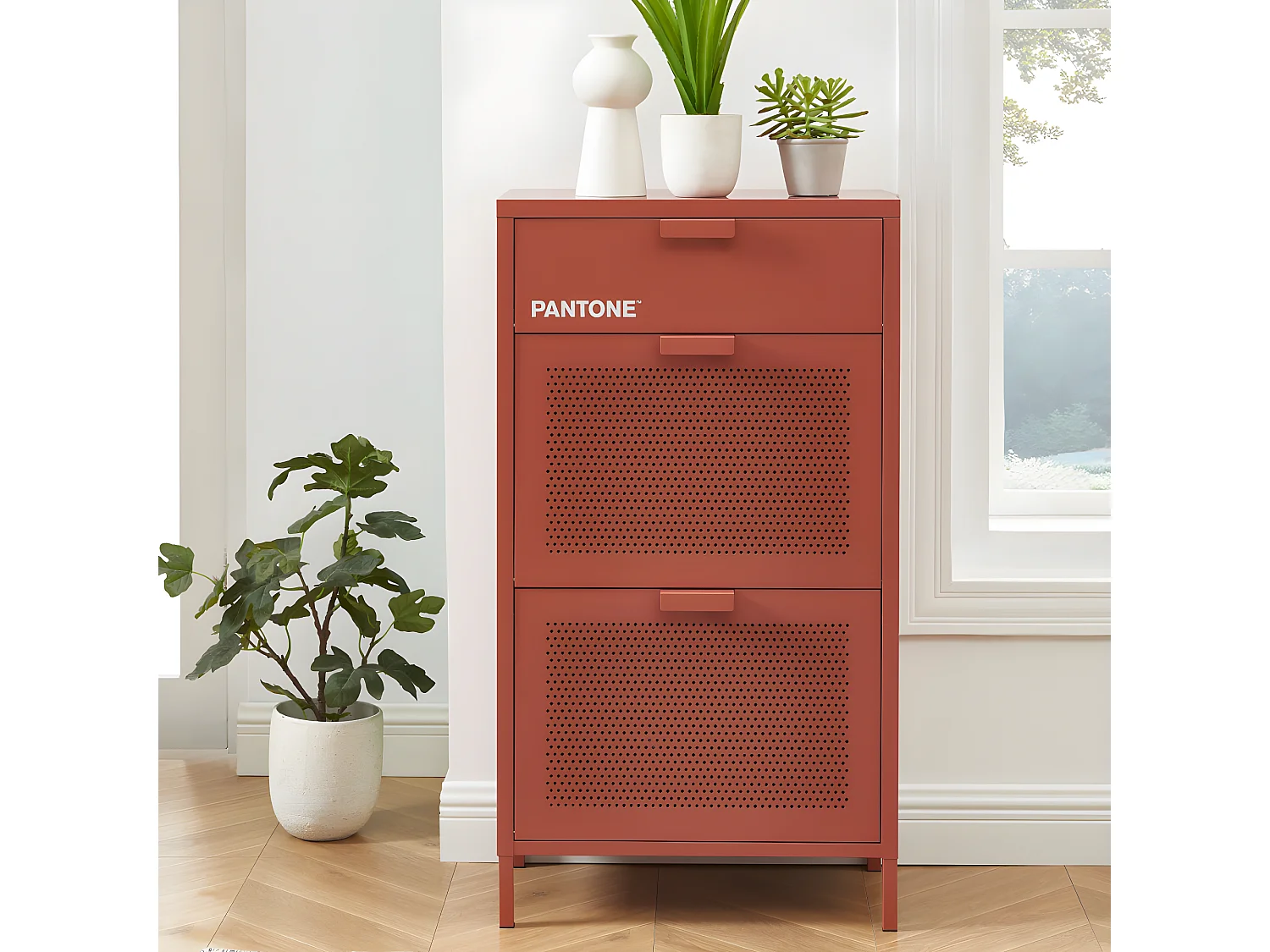 Nino - Meuble à chaussures 2 portes 1 tiroir en métal PANTONE L55cm - Terracotta