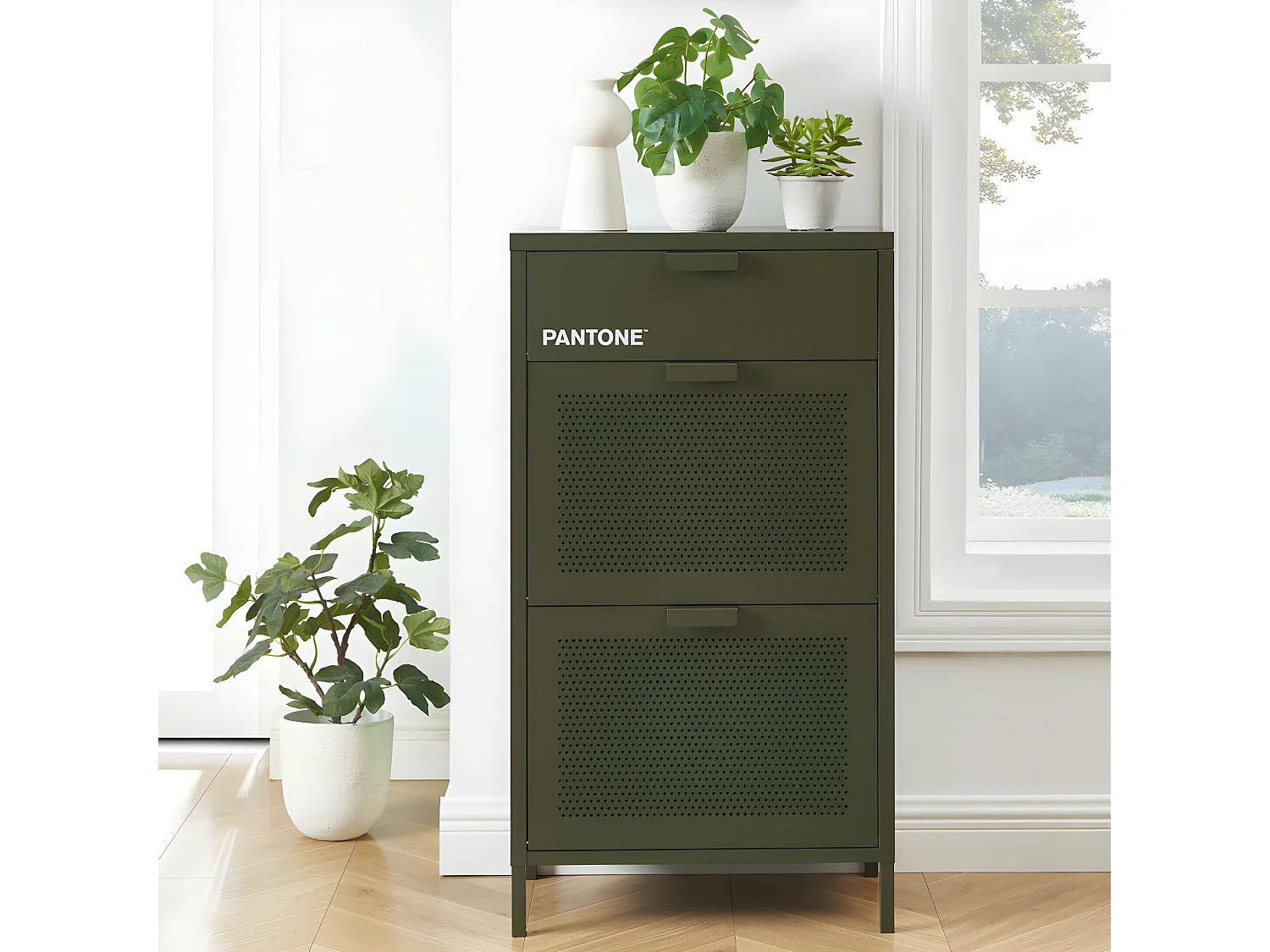 Nino - Meuble à chaussures 2 portes 1 tiroir en métal PANTONE L55cm - Vert kaki