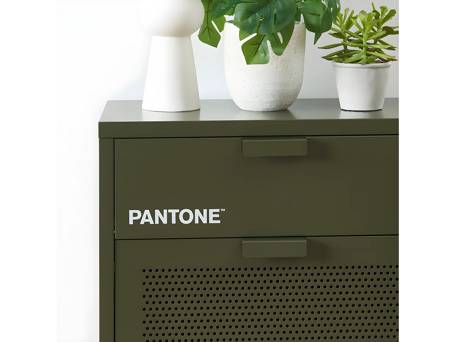 Nino - Meuble à chaussures 2 portes 1 tiroir en métal PANTONE L55cm - Vert kaki