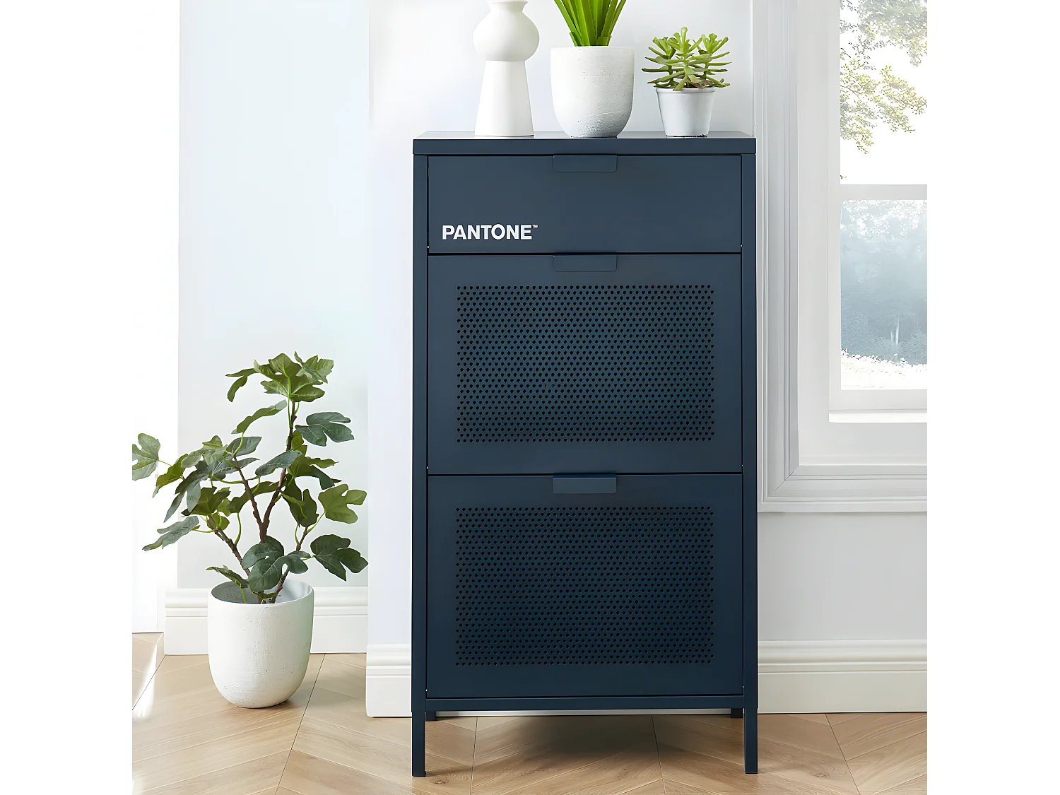 Nino - Meuble à chaussures 2 portes 1 tiroir en métal PANTONE L55cm - Bleu nuit