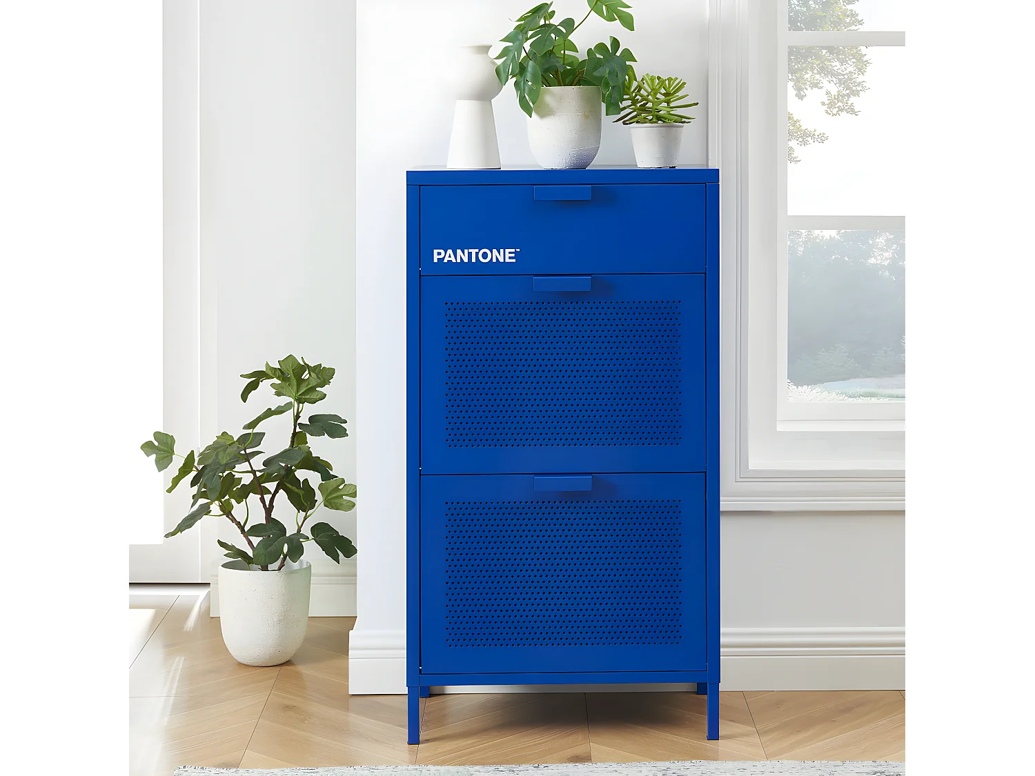 Nino - Meuble à chaussures 2 portes 1 tiroir en métal PANTONE L55cm - Bleu électrique