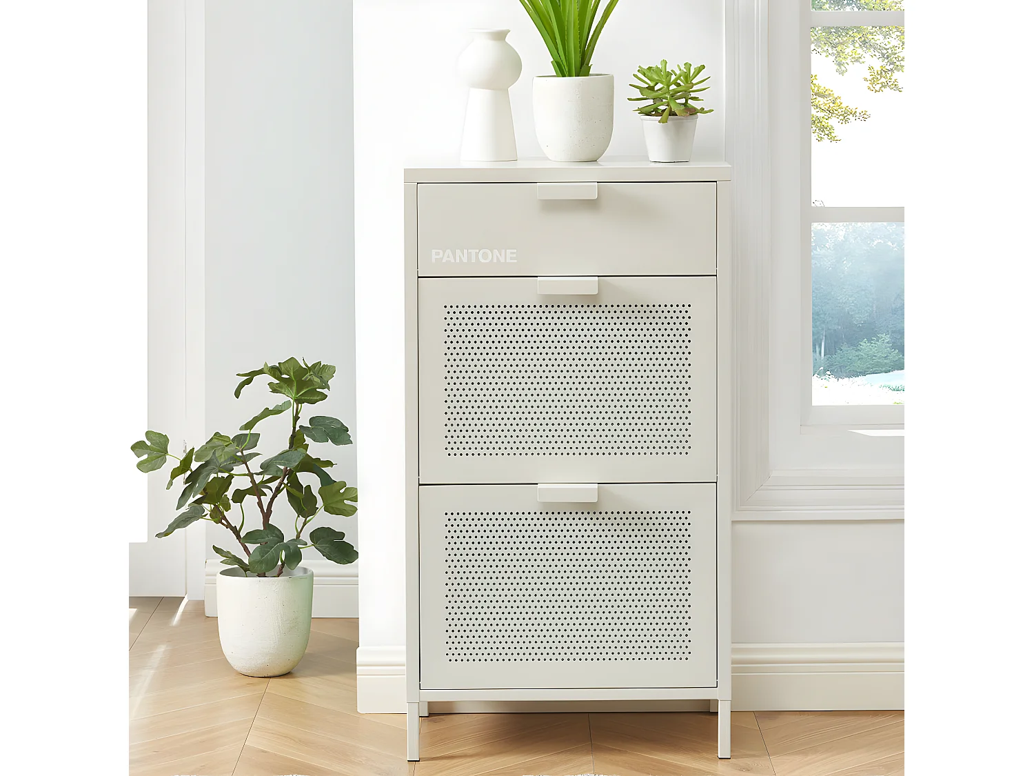 Nino - Meuble à chaussures 2 portes 1 tiroir en métal PANTONE L55cm - Beige