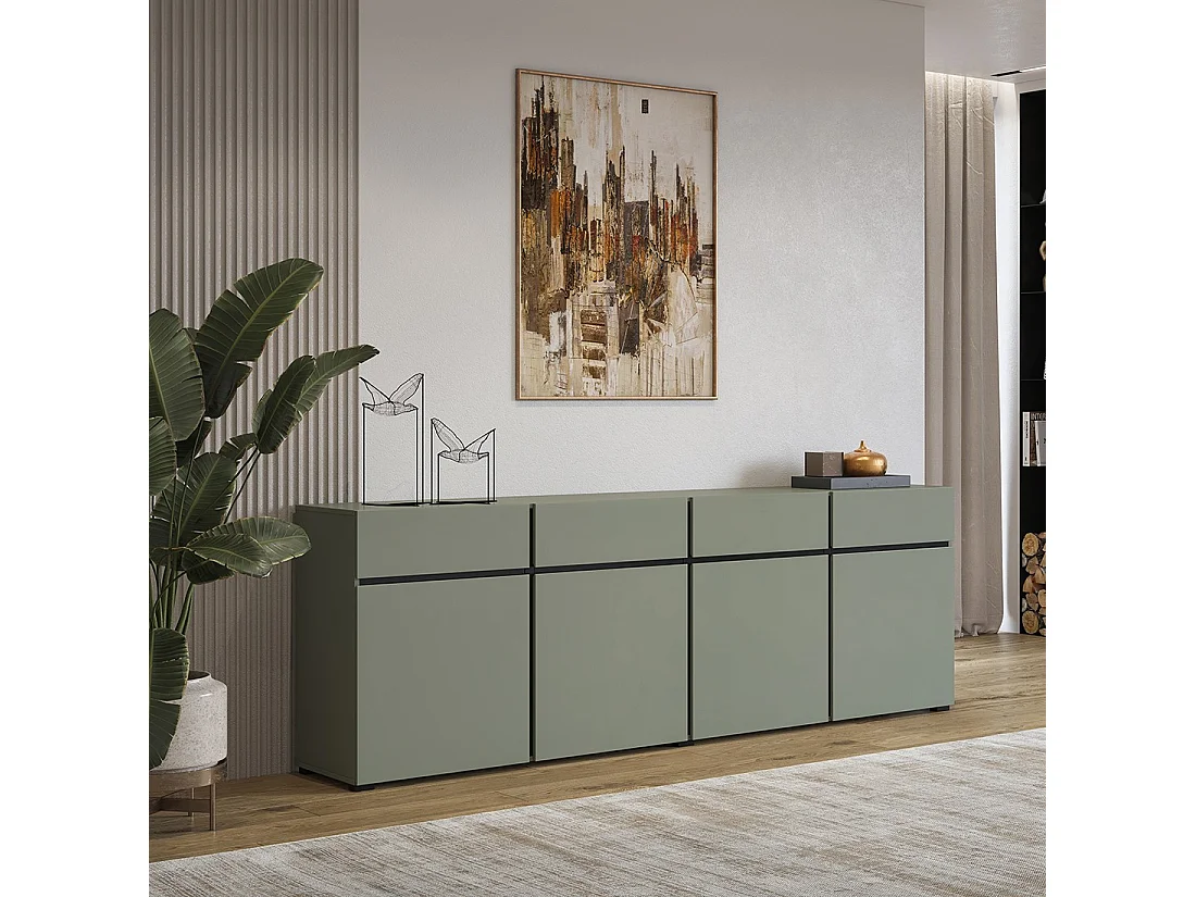 Buffet XL kleur saliegroen 225cm collectie HAVANA. Design dressoir met 4 deuren en 4 laden.