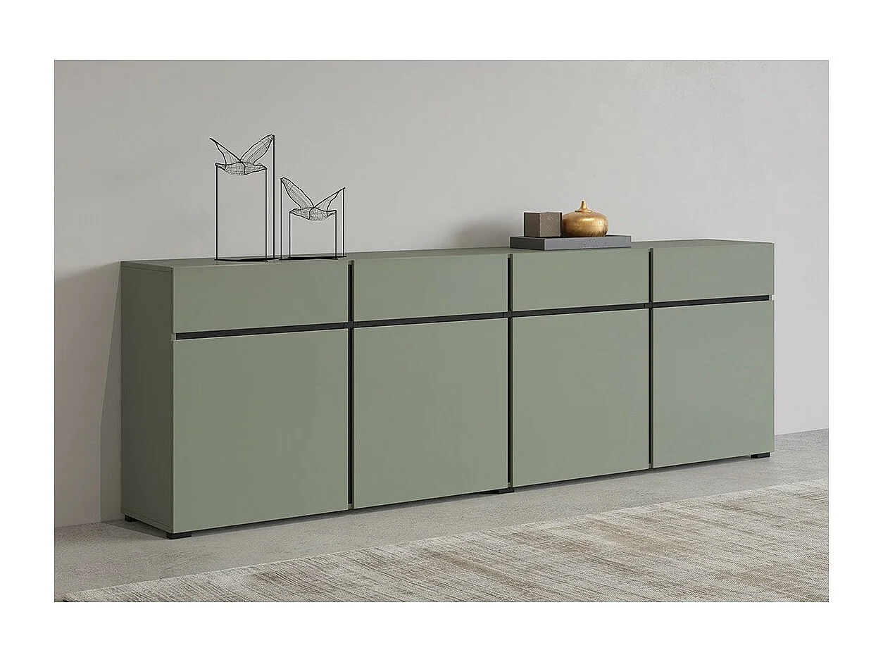 Buffet XL kleur saliegroen 225cm collectie HAVANA. Design dressoir met 4 deuren en 4 laden.