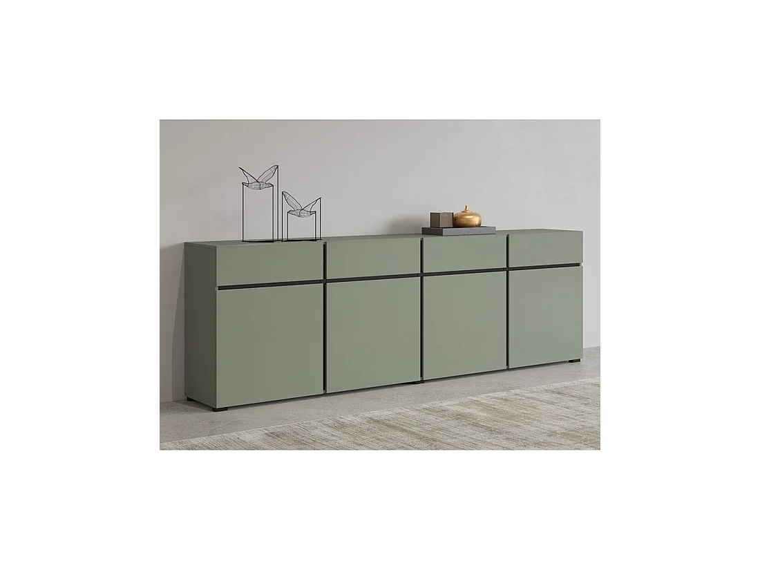 Buffet XL Farbe Salbeigrün 225cm Kollektion HAVANA. Sideboard Design mit 4 Türen und 4 Schubladen.